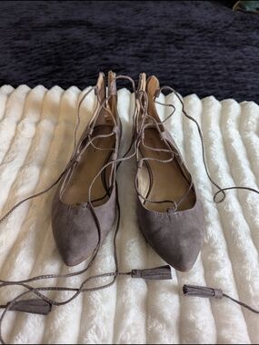 BCBGeneration Taupe Lace-Up Pointed Toe Flats